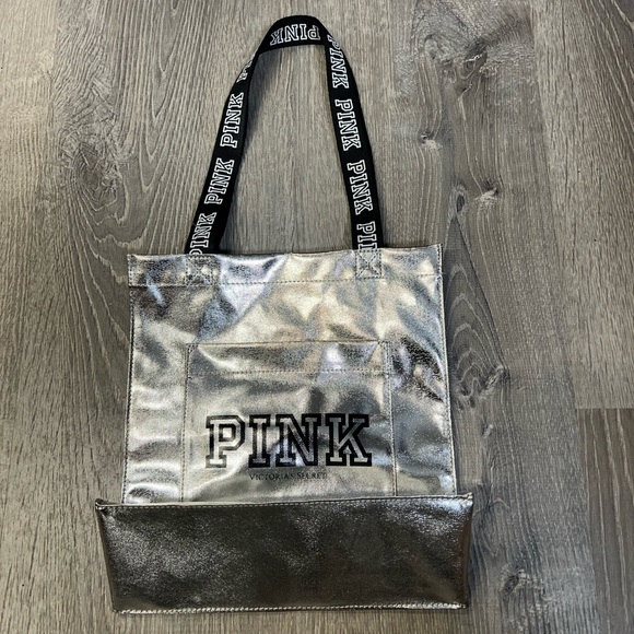 PINK Victoria's Secret Handbags - Victoria’s Secret Pink Tote Bag Logo Front Pocket Silver (room Basket)